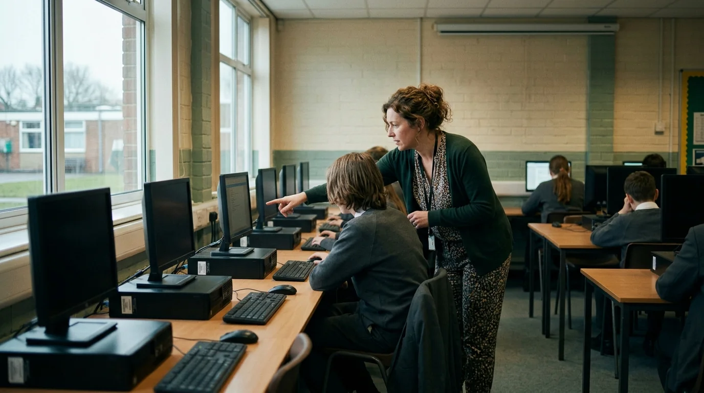 Stylised illustration of a school computer lab with students at PCs and a teacher pointing at a screen