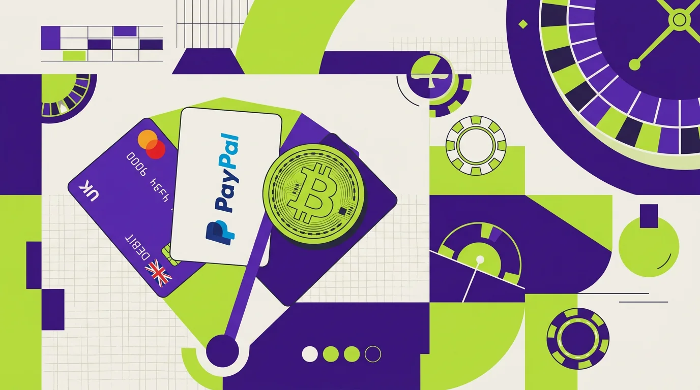 Stylised illustration of a UK debit card, a Paypal logo and a Bitcoin coin in a fan layout