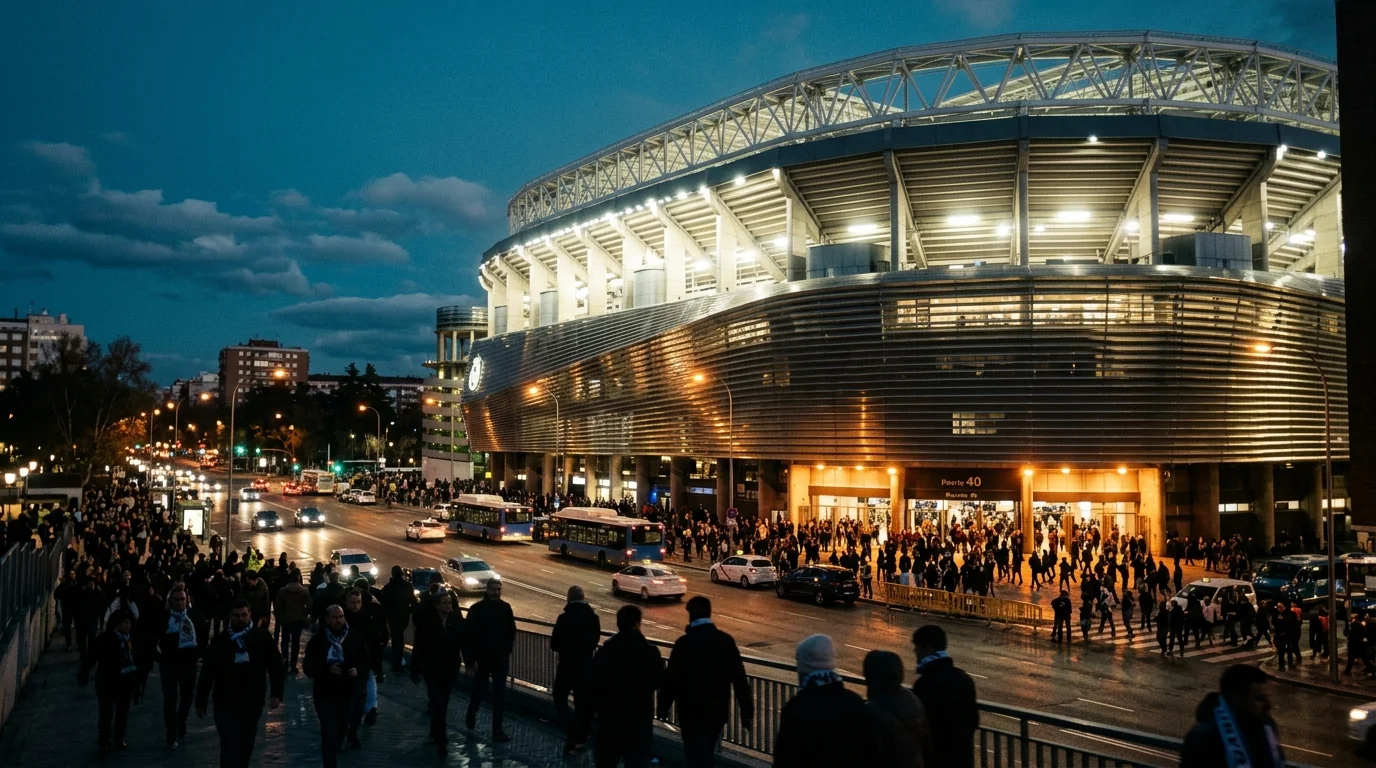 Photo of the Estadio Santiago Bernabéu exterior at evening with floodlights on for a UEFA match
