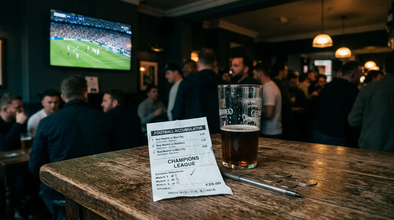 Photo of a betting slip on a wooden bar table with a Champions League match playing on a screen in the background