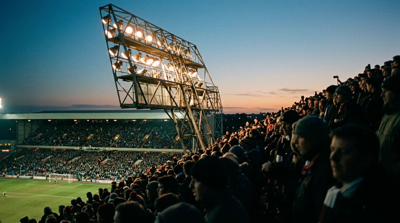Photo of football stadium lights from inside a packed stand at dusk, no identifying team colours visible