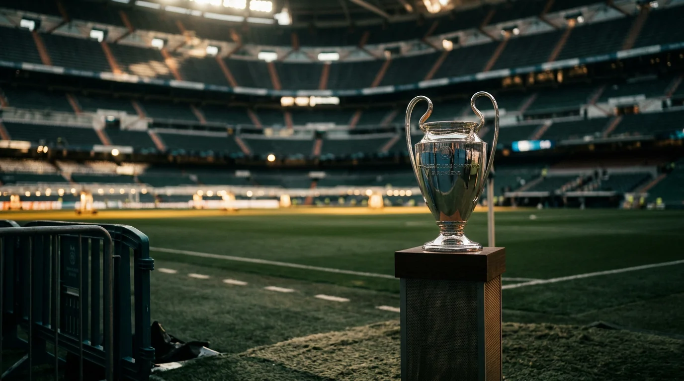 Photo of UEFA Champions League trophy on plinth with Bernabéu pitch lighting in the background, no logos visible