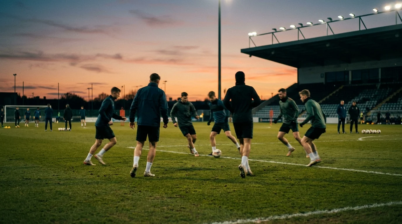 Photo of a football training pitch at dusk with players in matchday warm-up, no team kits identifiable