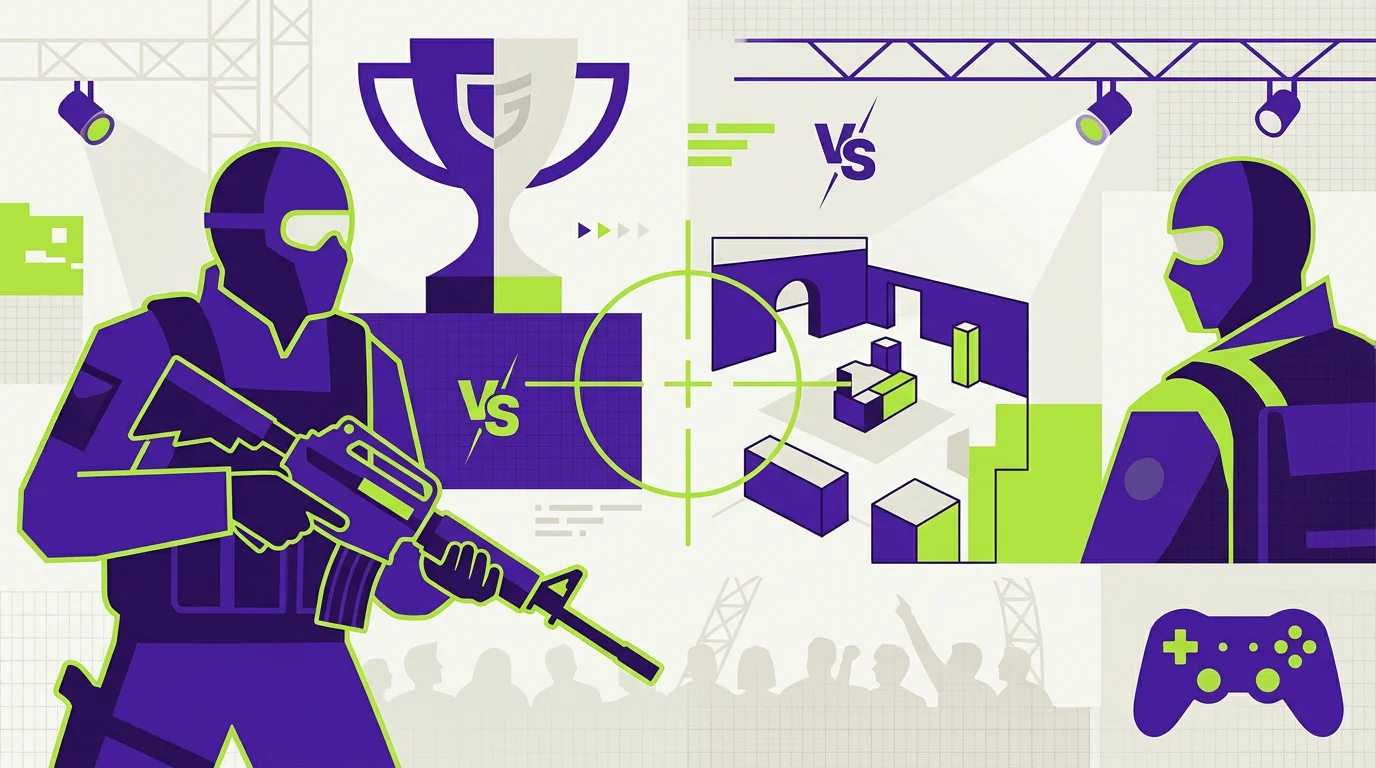 Stylised illustration of a Counter-Strike 2 in-game scene with crosshair and operator portraits
