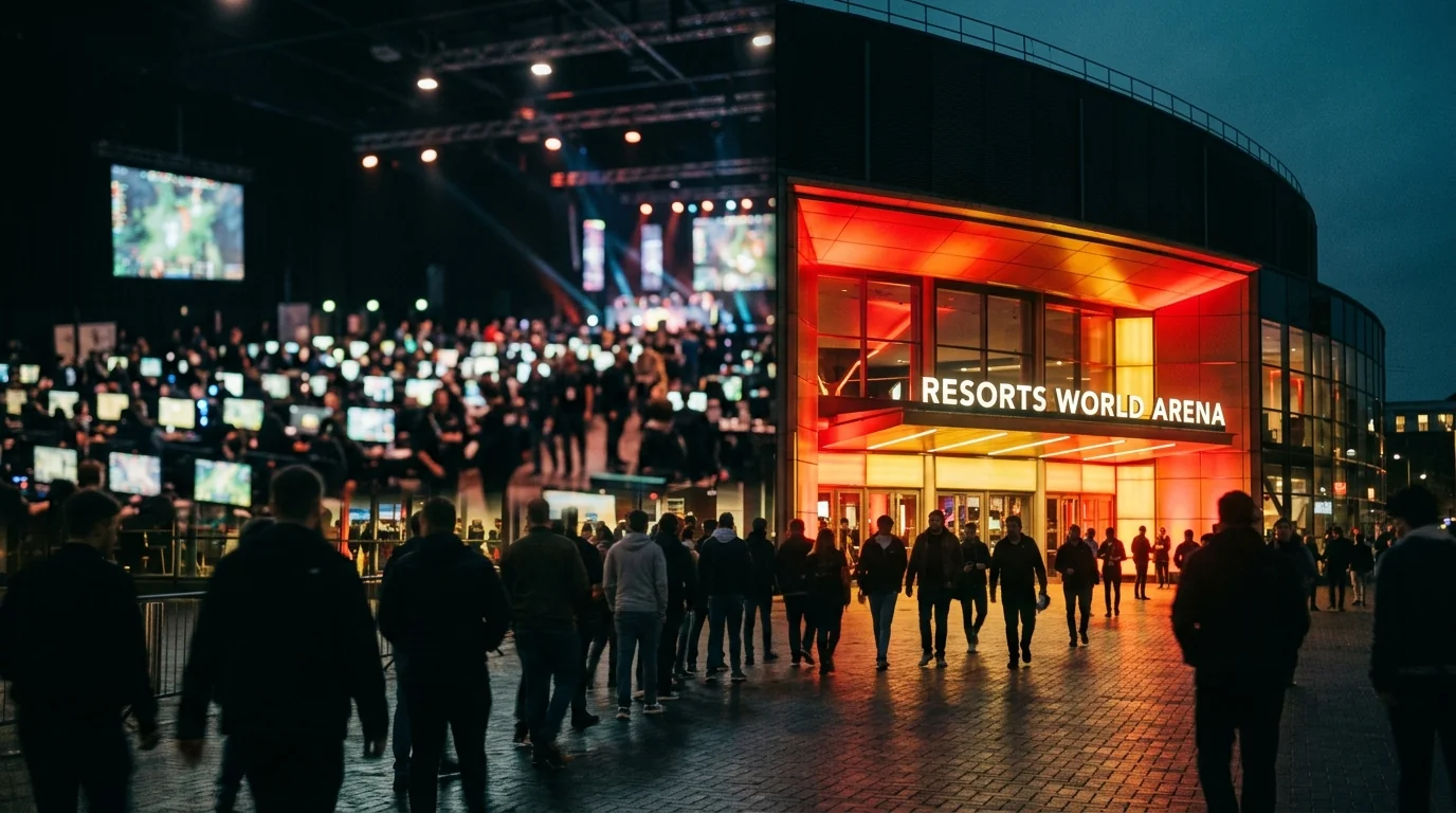Photo of Resorts World Arena in Birmingham lit in Dota 2 red and gold for an ESL One event