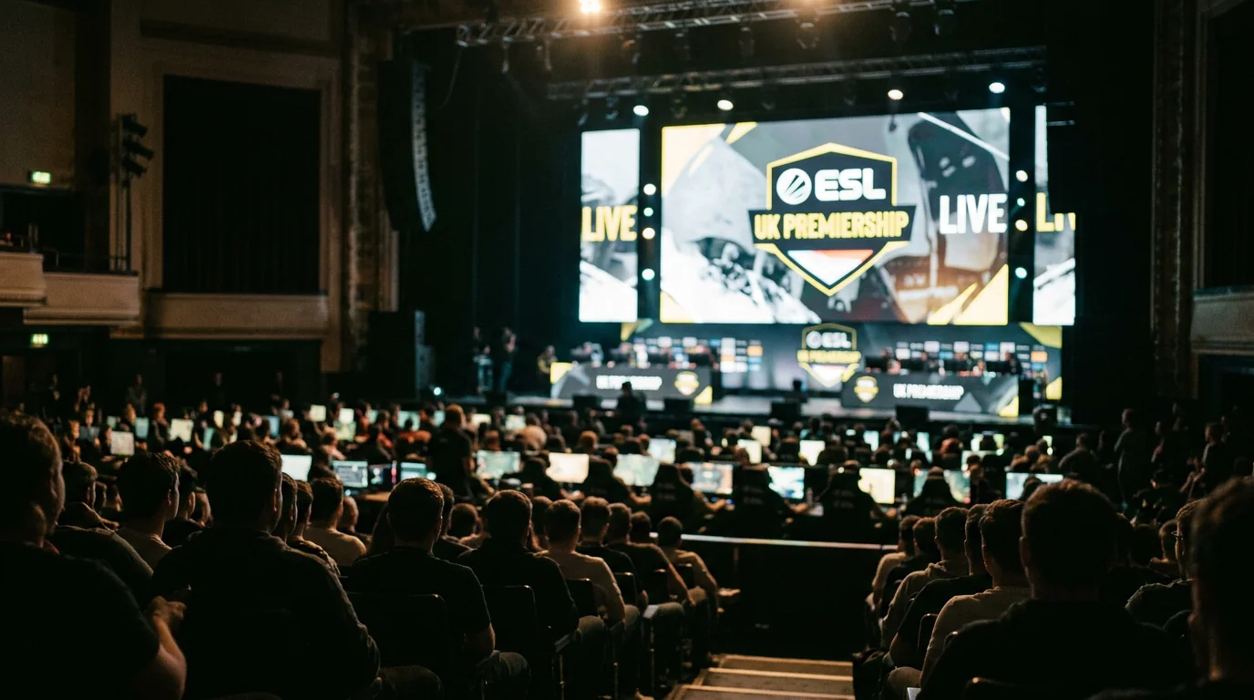 Photo of an esports stadium with the ESL UK Premiership logo on the main display