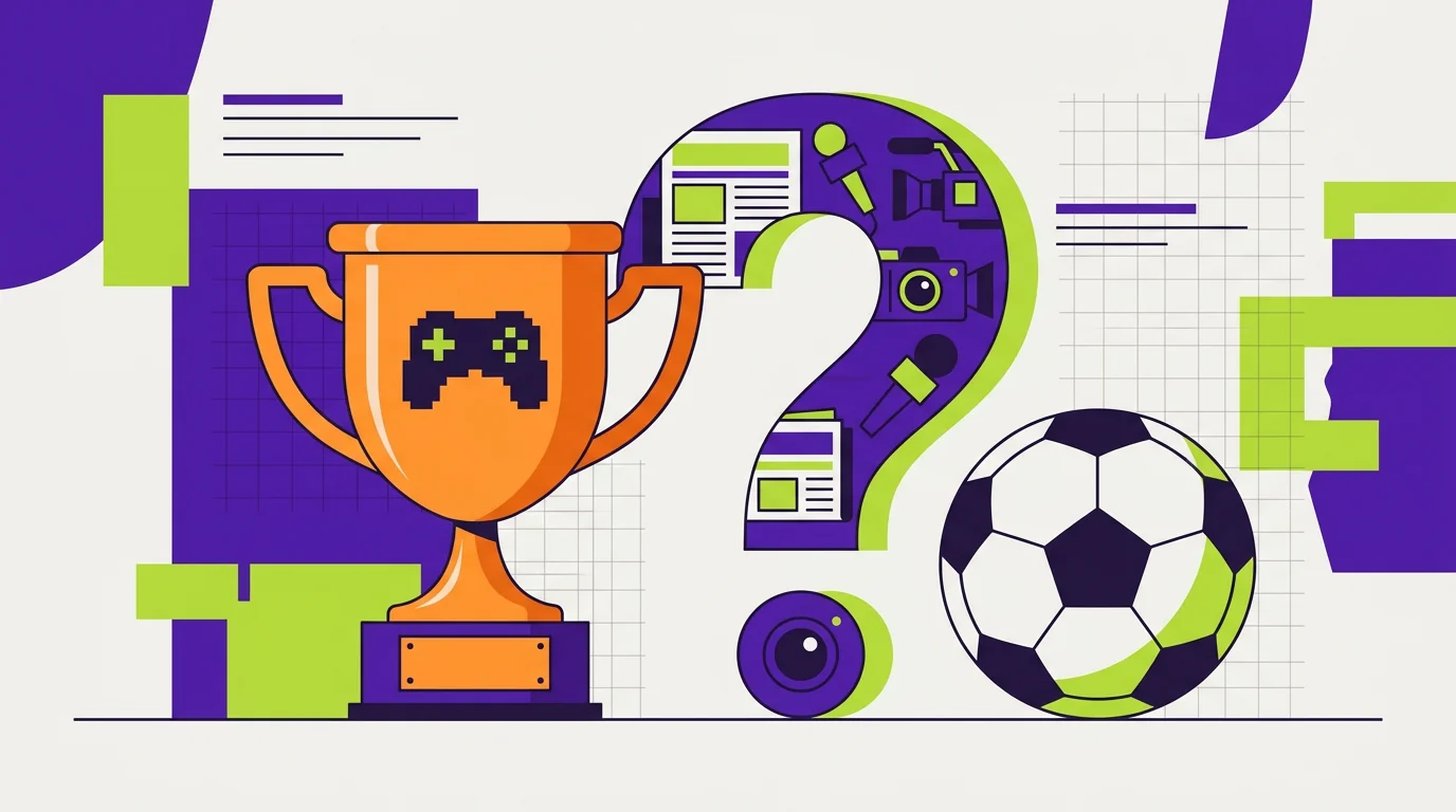 Stylised illustration of an orange esports trophy beside a football, separated by a question mark