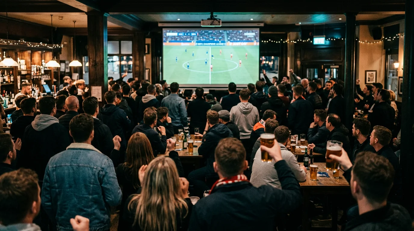 Photo of a UK pub showing a UEFA Champions League match on a big screen with the crowd watching