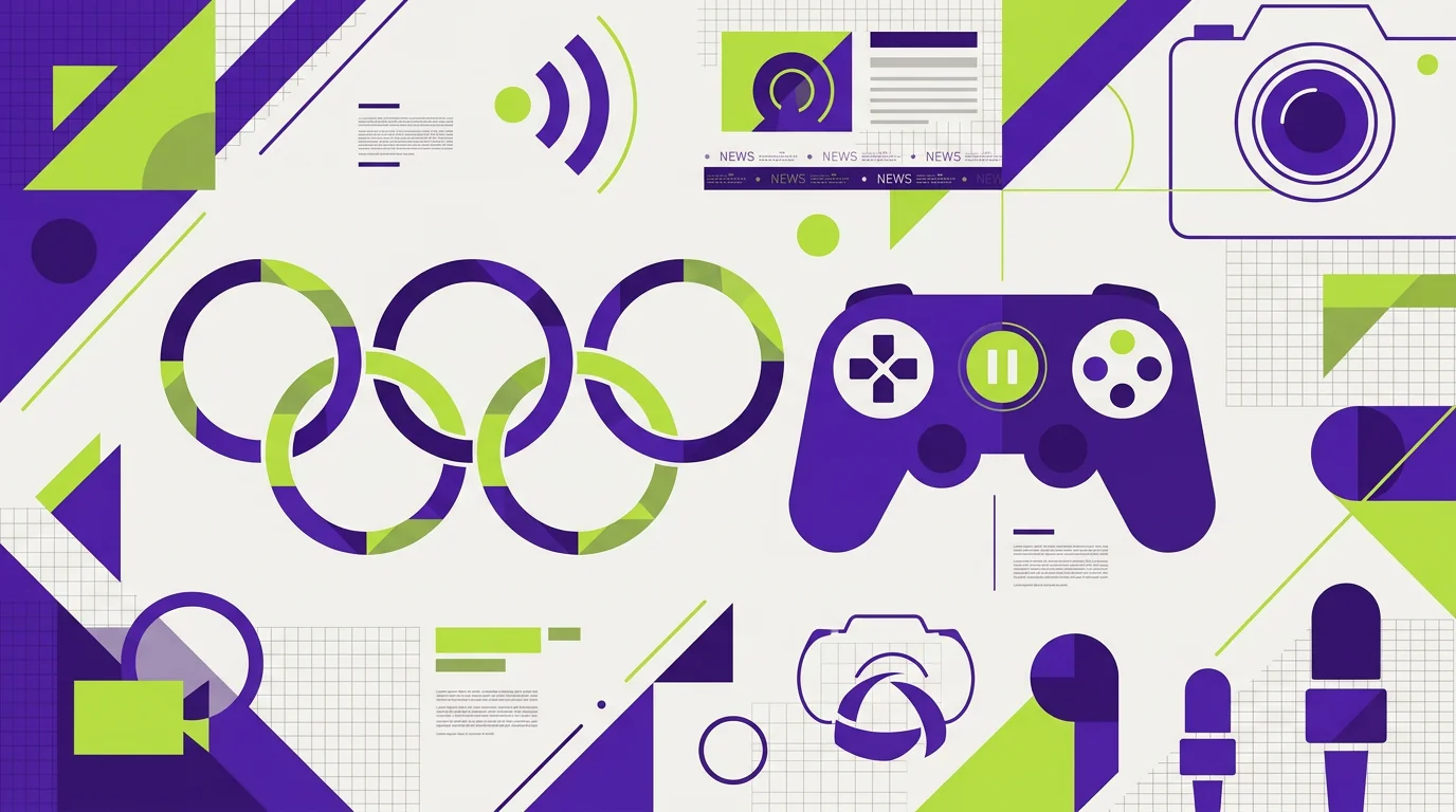 Stylised illustration of Olympic rings beside a paused video-game controller
