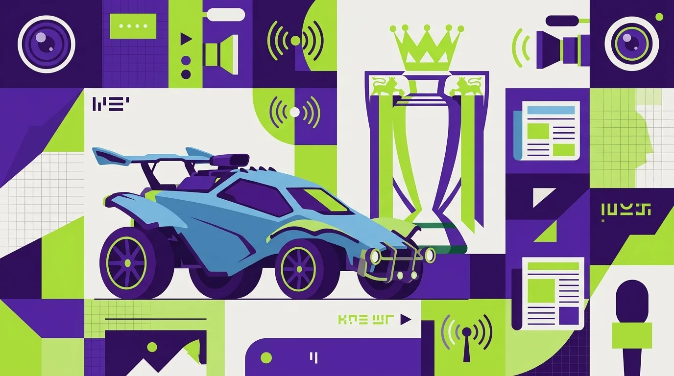 A Rocket League car painted in Manchester City sky-blue with a Premier League trophy in the background