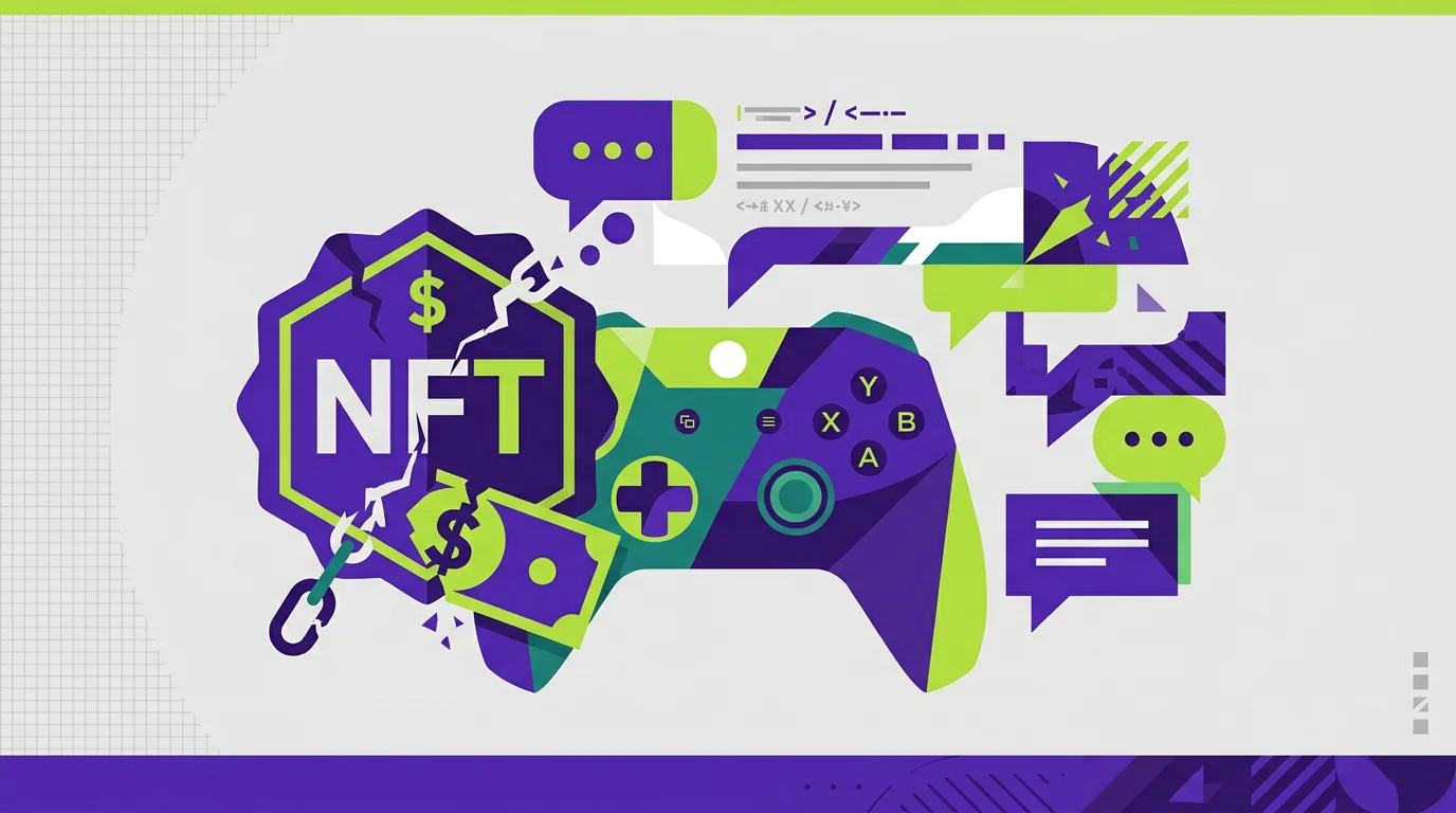Stylised illustration of a cracked NFT badge over a gaming controller