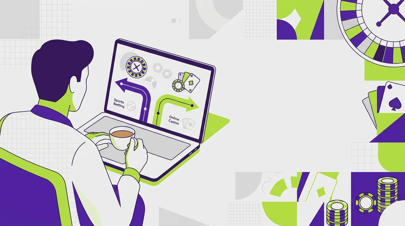 Stylised illustration of a UK player at a laptop with two casino paths on screen