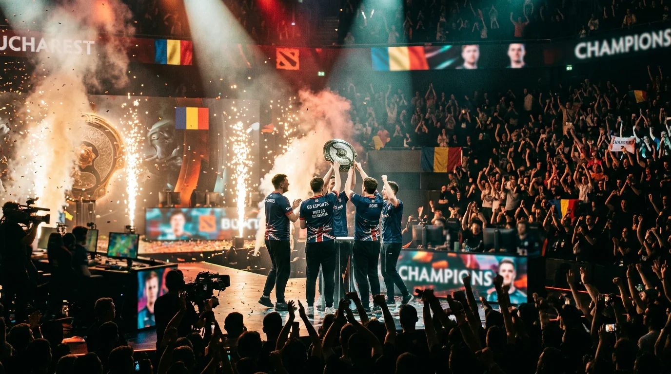 Photo of a Dota 2 LAN stage in Bucharest with trophy presentation lighting and crowd