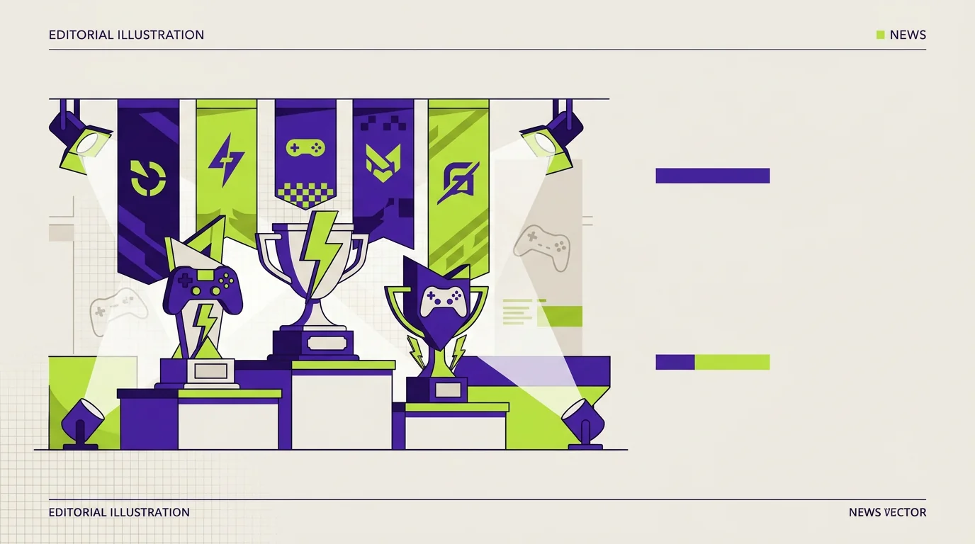 Stylised illustration of three esports trophies on a podium, with team-coloured banners behind