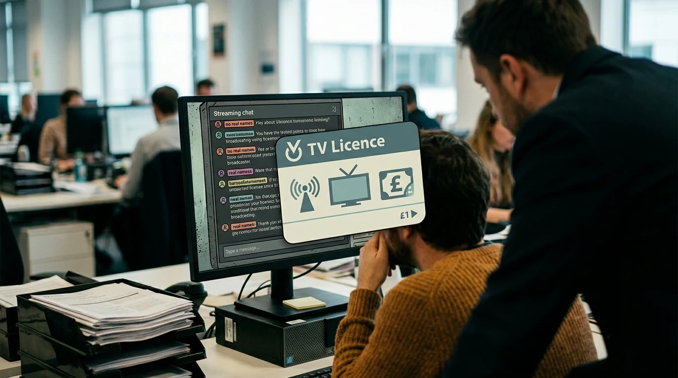 Stylised illustration of a UK TV licence logo overlaid on a streaming chat interface