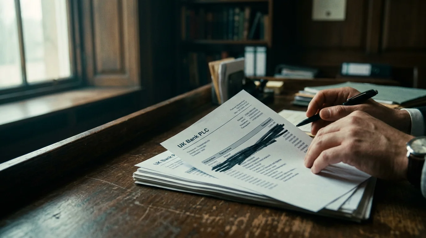 Stylised illustration of a bank statement with a redacted gambling-deposit line