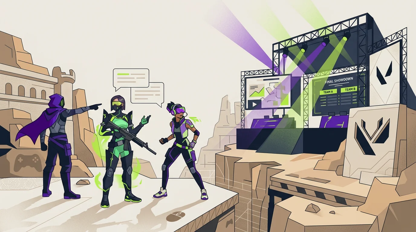 Stylised illustration of Valorant agents on a map overlooking a desert landscape